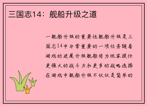 三国志14：舰船升级之道